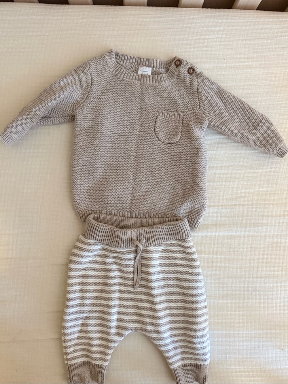 Neutral Knit Baby Set with Striped Pants- EUC